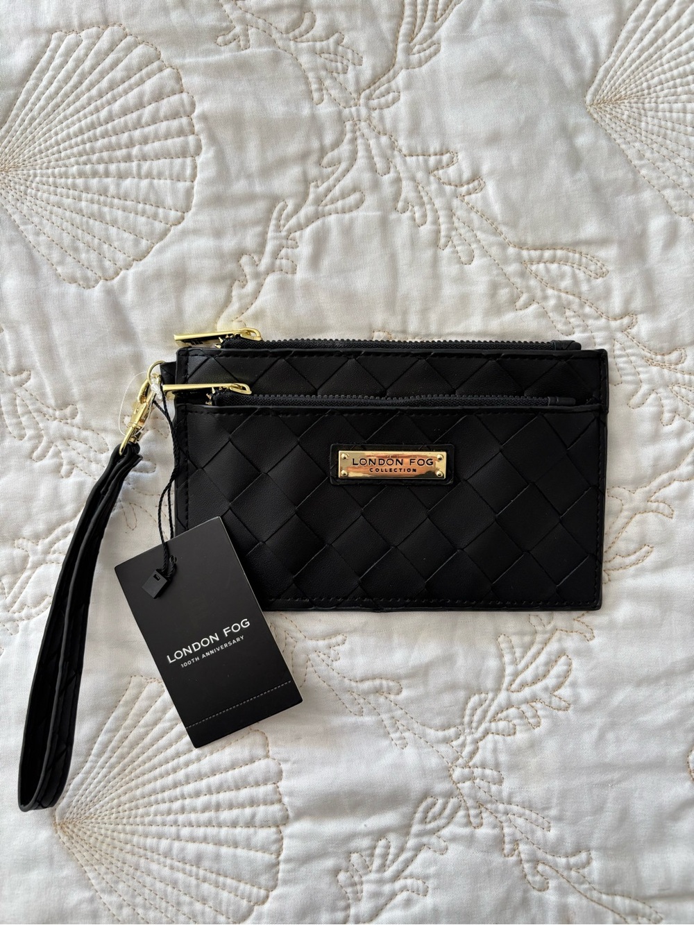London Fog Black Woven Wristlet Card Holder with Gold Accent